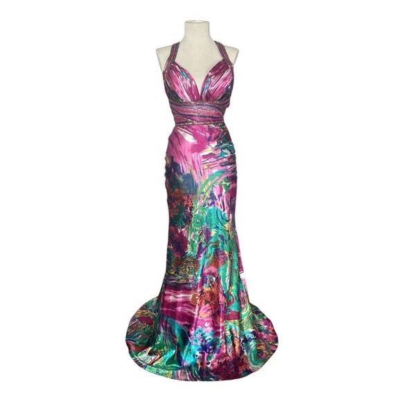 David’s Bridal Pink Floral Watercolor Mermaid Prom Dress Back Detail Size 1/2 - Picture 1 of 15